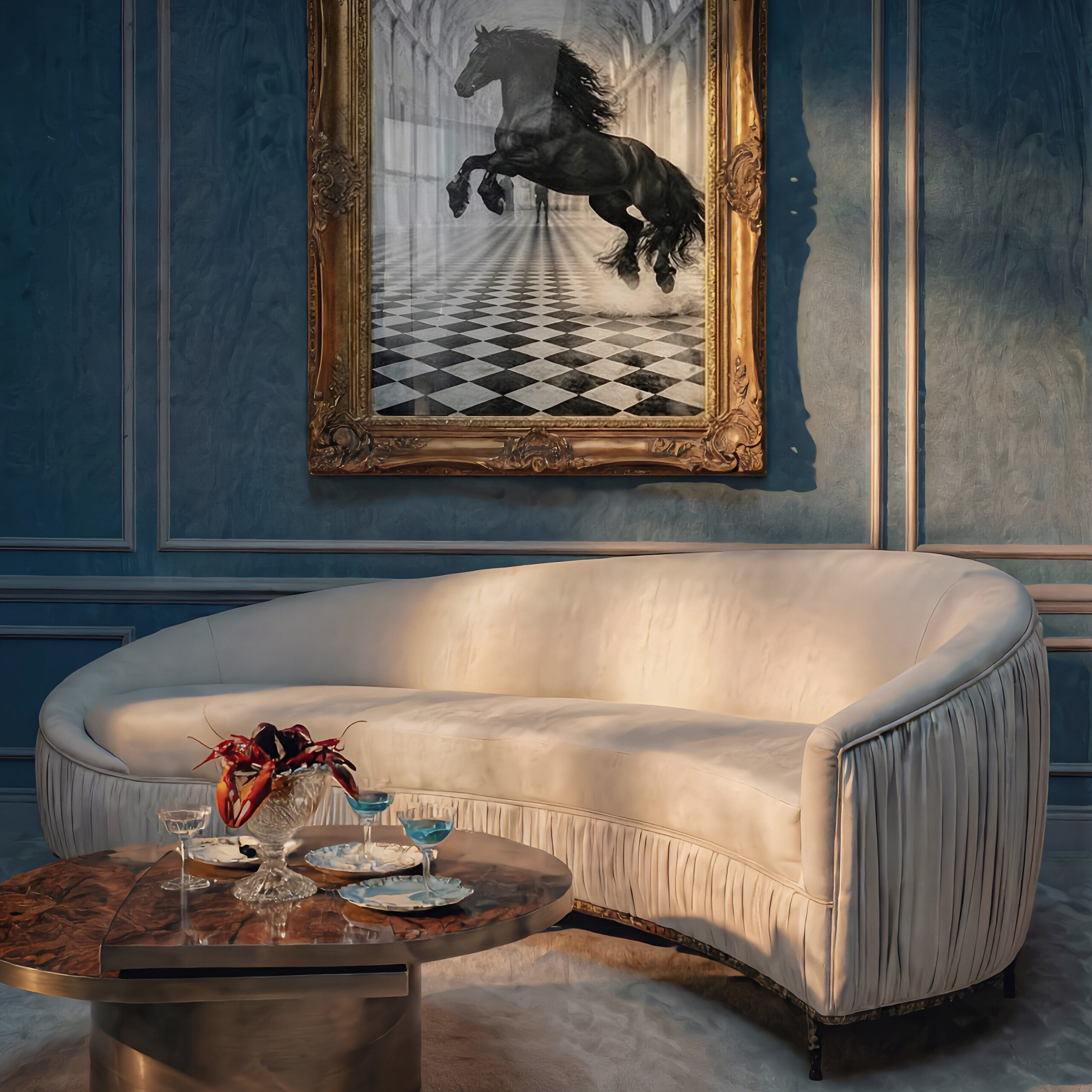 Cinematic living room with sculptural sofa by KOKET