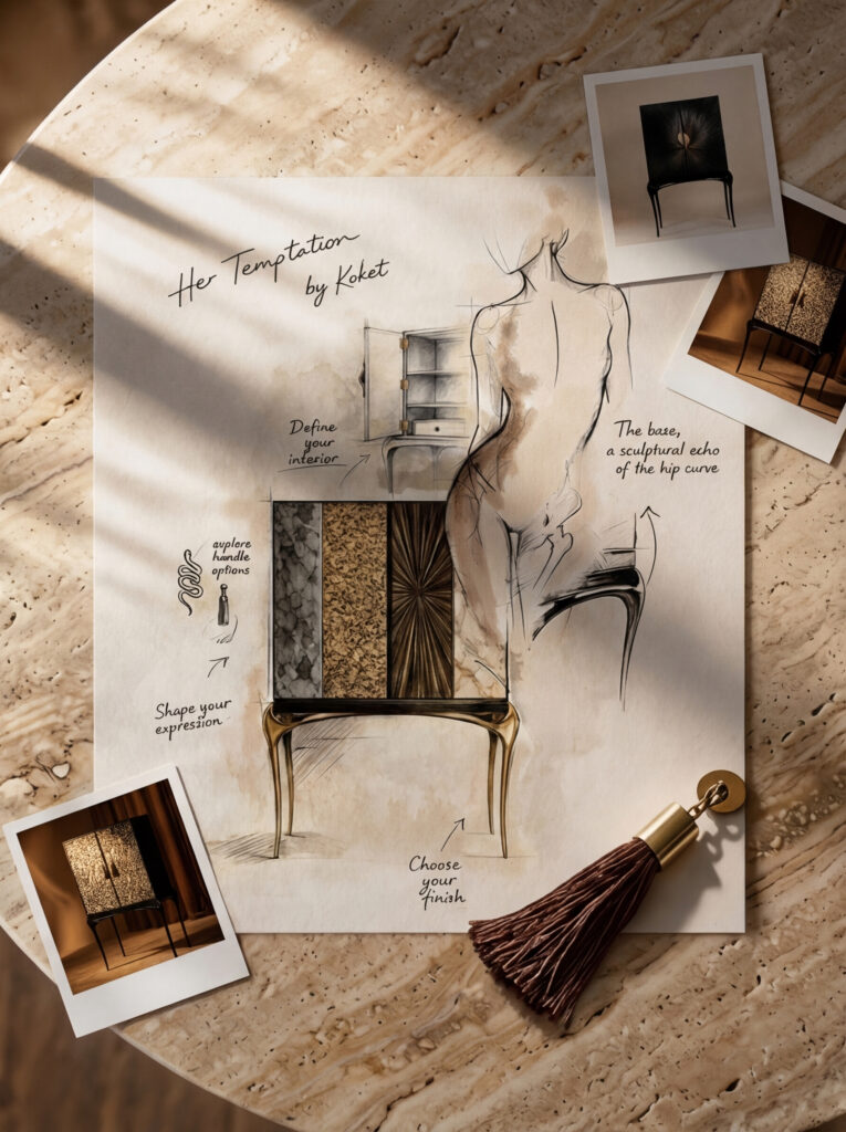Her Temptation sculptural furniture by KOKET sculptural furniture design sketch inspired by feminine silhouette Temptation bar cabinet KOKET