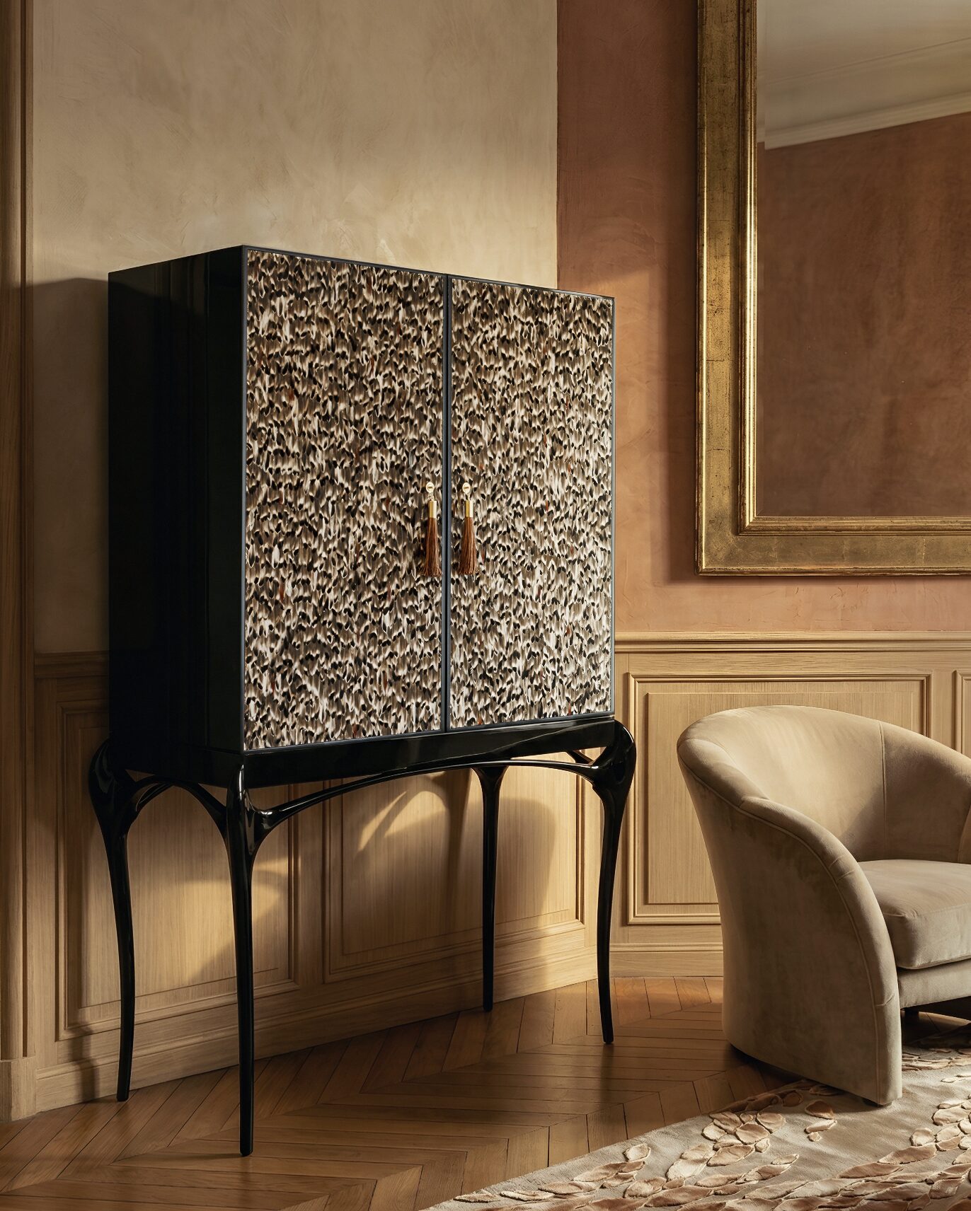 Temptation bar cabinet interiors by KOKET Temptation bar cabinet sculptural furniture KOKET in luxury interior setting with warm tonessculptural furniture KOKET in luxury interior