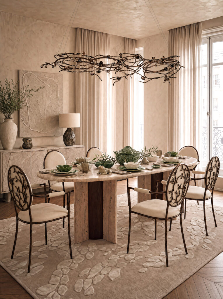 Paris Oval Dining Table, Enchanted Dining Chairs, Ophidia Rug, Cabbage Dinnerware @ My Object of Desire