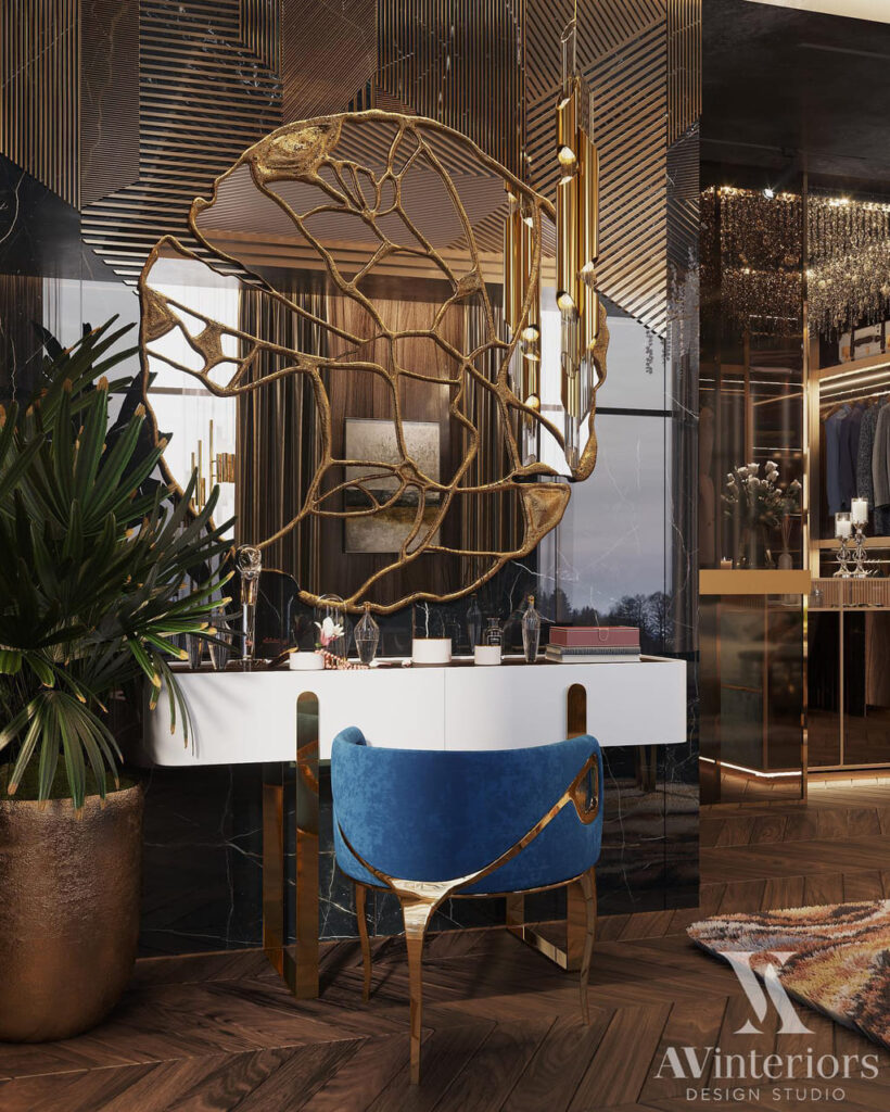 sculptural gold mirror, modern Arabic interior design dressing room featuring KOKET's Iconic Chandra Chair in Blue