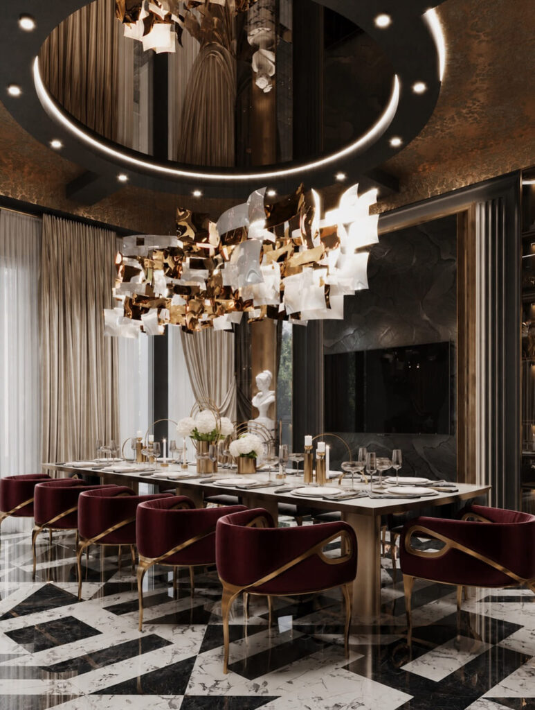 burgundy velvet Chandra dining chairs, luxury Dubai dining room chandelier