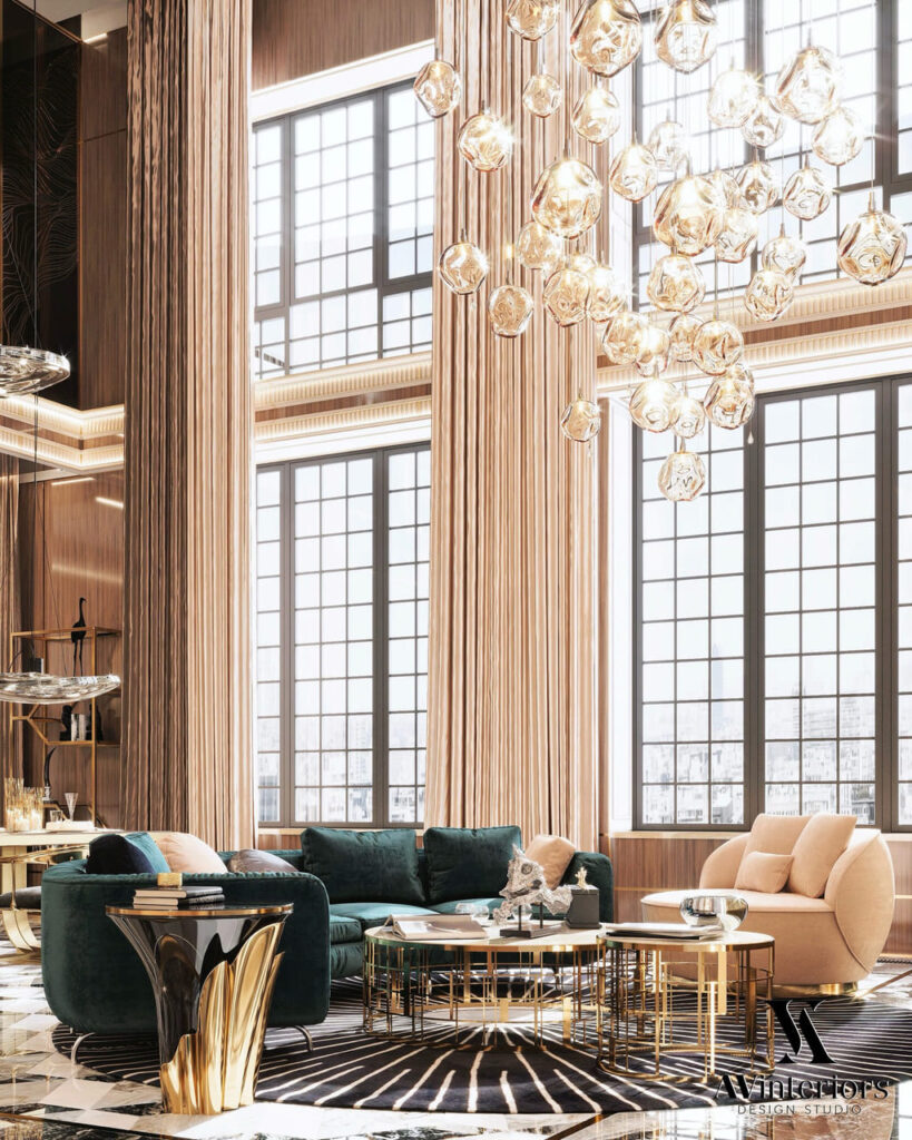 luxury Dubai living room interior design, emerald and gold statement sofa