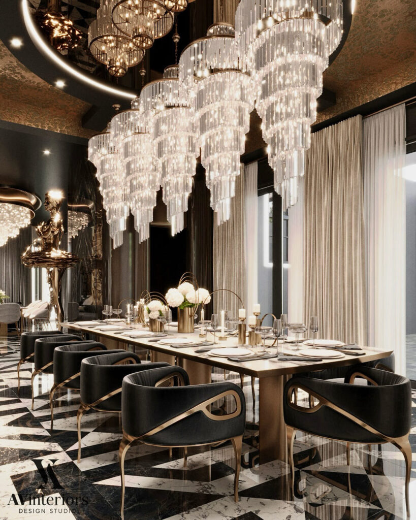gold sculptural chandelier, dark luxury dining room Dubai design - Chandra dining chairs by KOKET