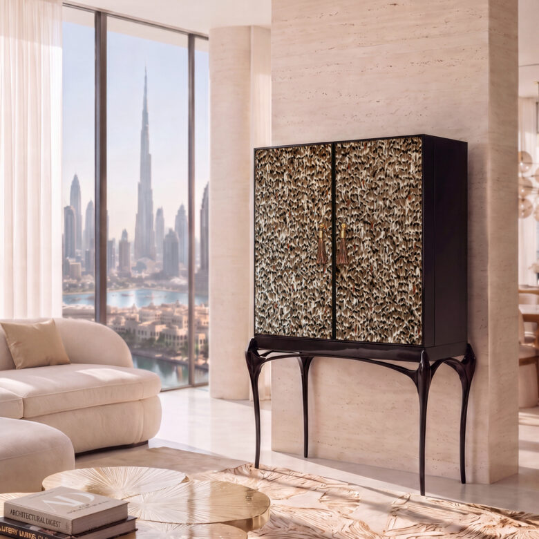 interior design dubai - temptation foile feather bar cabinet