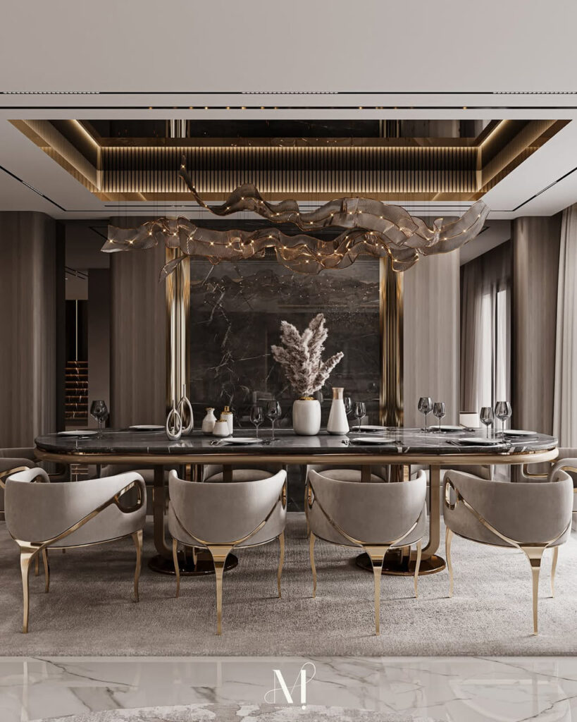 modern dining room design, Dubai interior with sculptural chandelier - Chandra Dining Chairs by KOKET