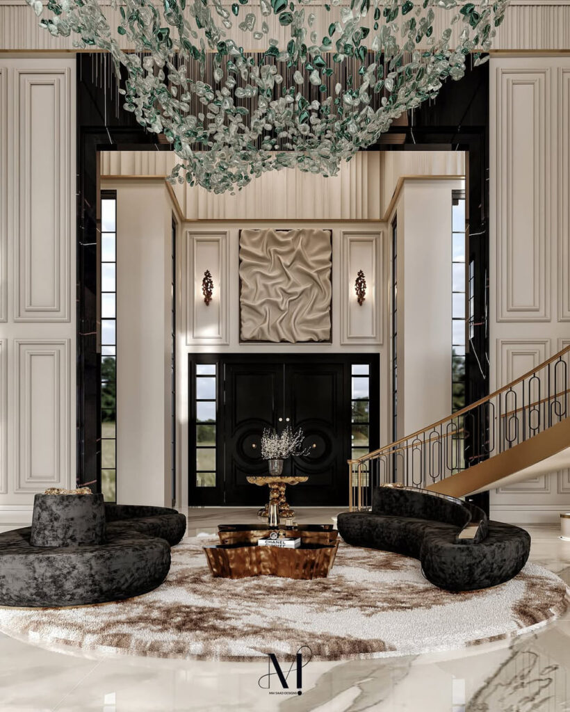 grand entrance foyer, interior design Dubai luxury with crystal chandelier and luxury curved sofas by KOKET