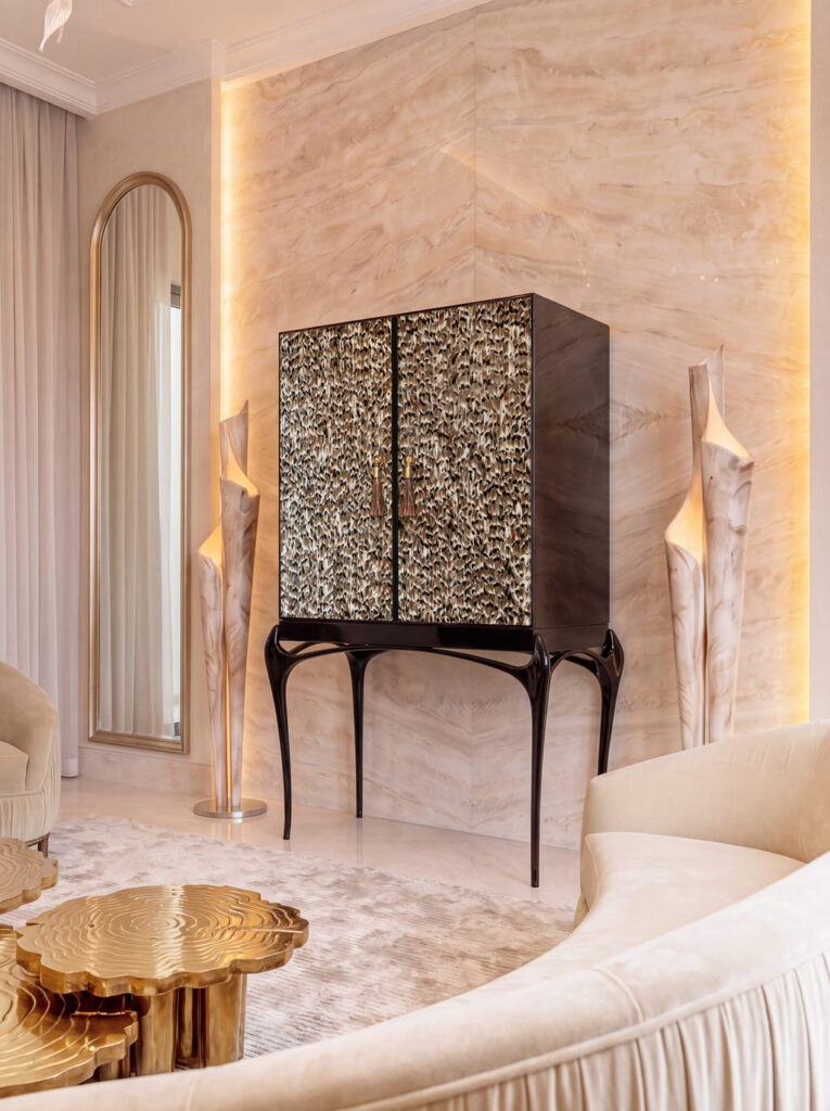 Temptation Bar Cabinet detail, handcrafted furniture feathers